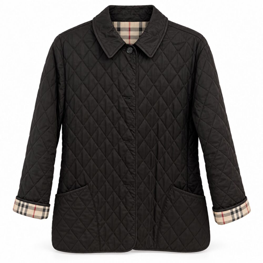Vintage Burberry Brit Black Diamond Quilted Jacket Nova Check Lining Women's L